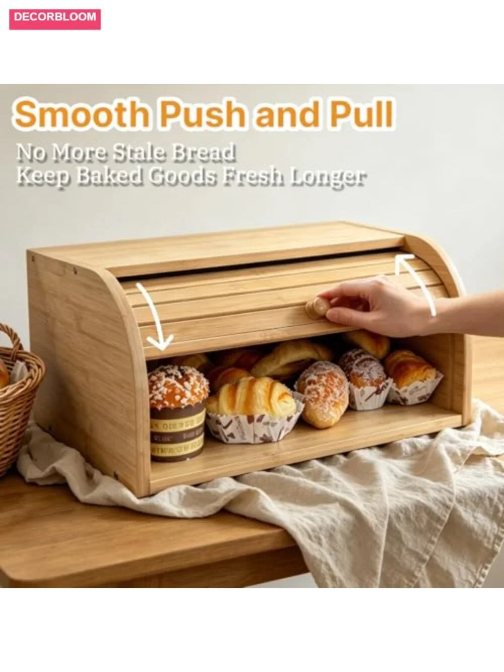 Natural Bamboo Roll Top Bread Box for Kitchen Countertop Storage